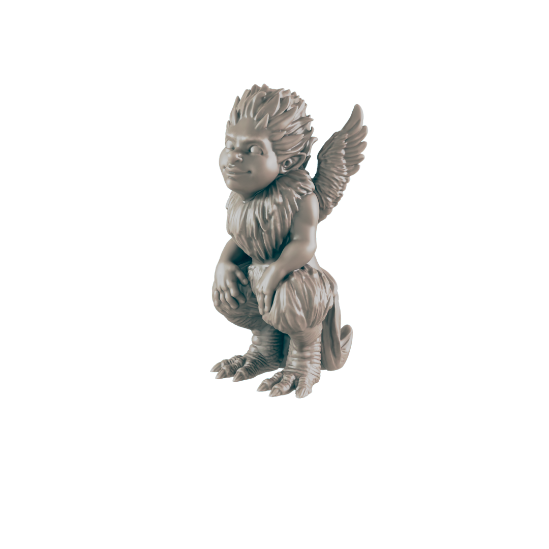A small, winged creature sits, appearing furry and slightly hunched. Its pose is contemplative. The background is a plain, dark color.