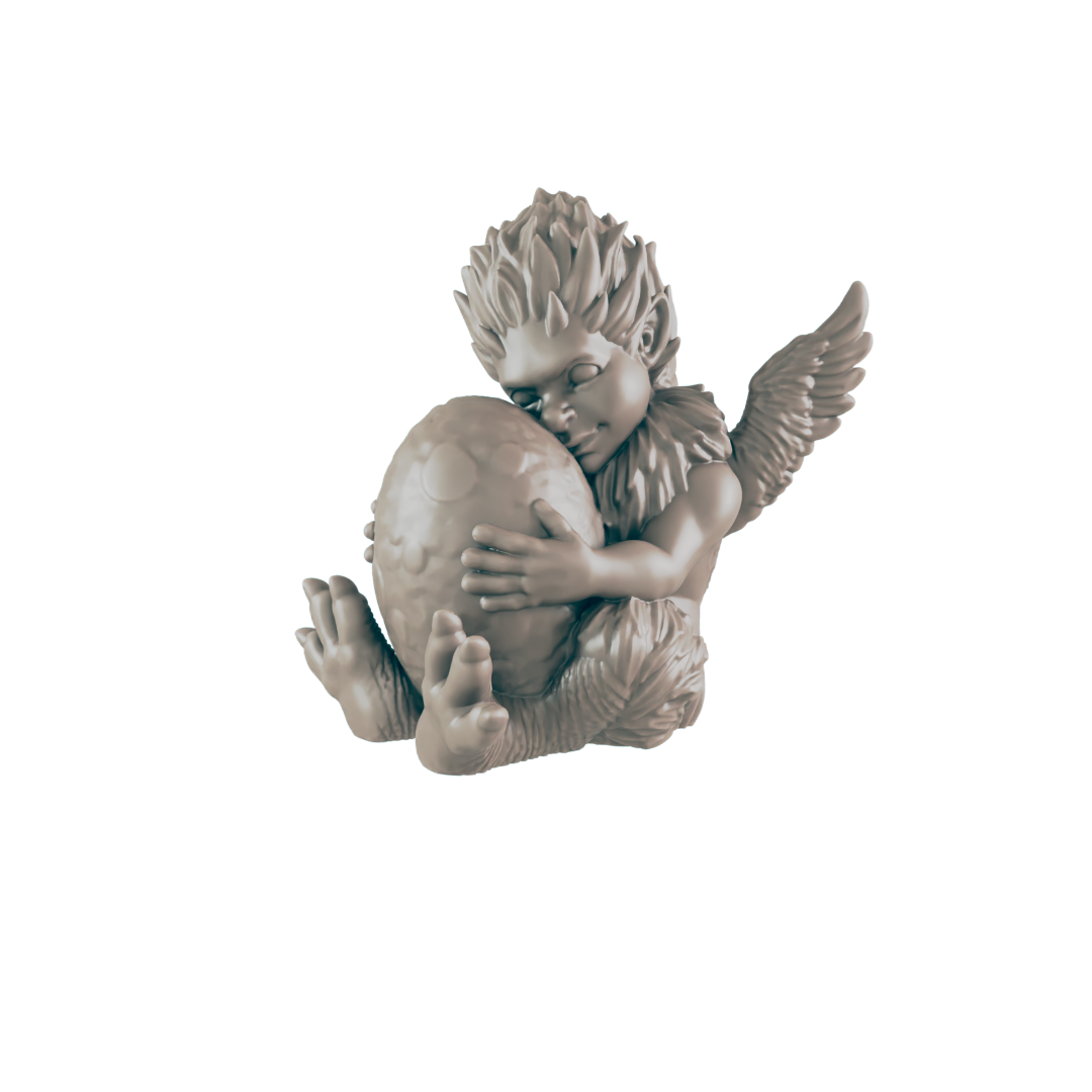 A light grayish statue of a winged, child-like creature with furry legs holds a scaled egg, eyes closed, against a black background.