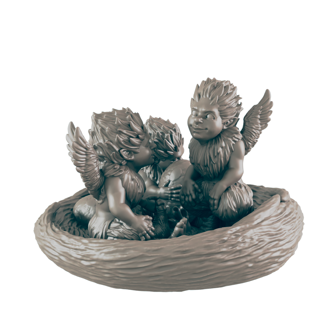 Three winged cherubic figures cradle a large egg within a nest-like structure.
