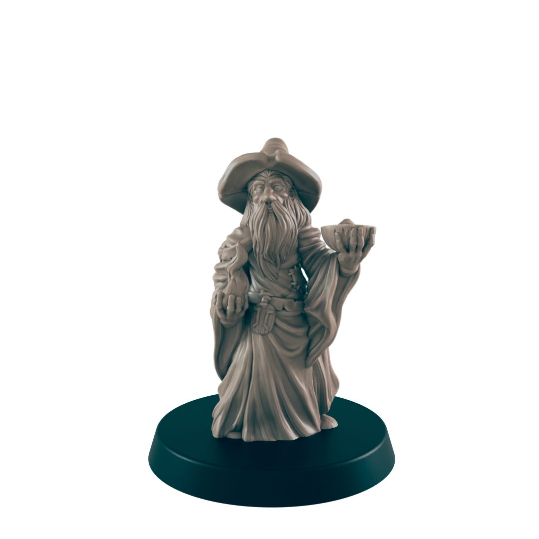 A wizard figurine stands, holding an object, on a dark circular base.
