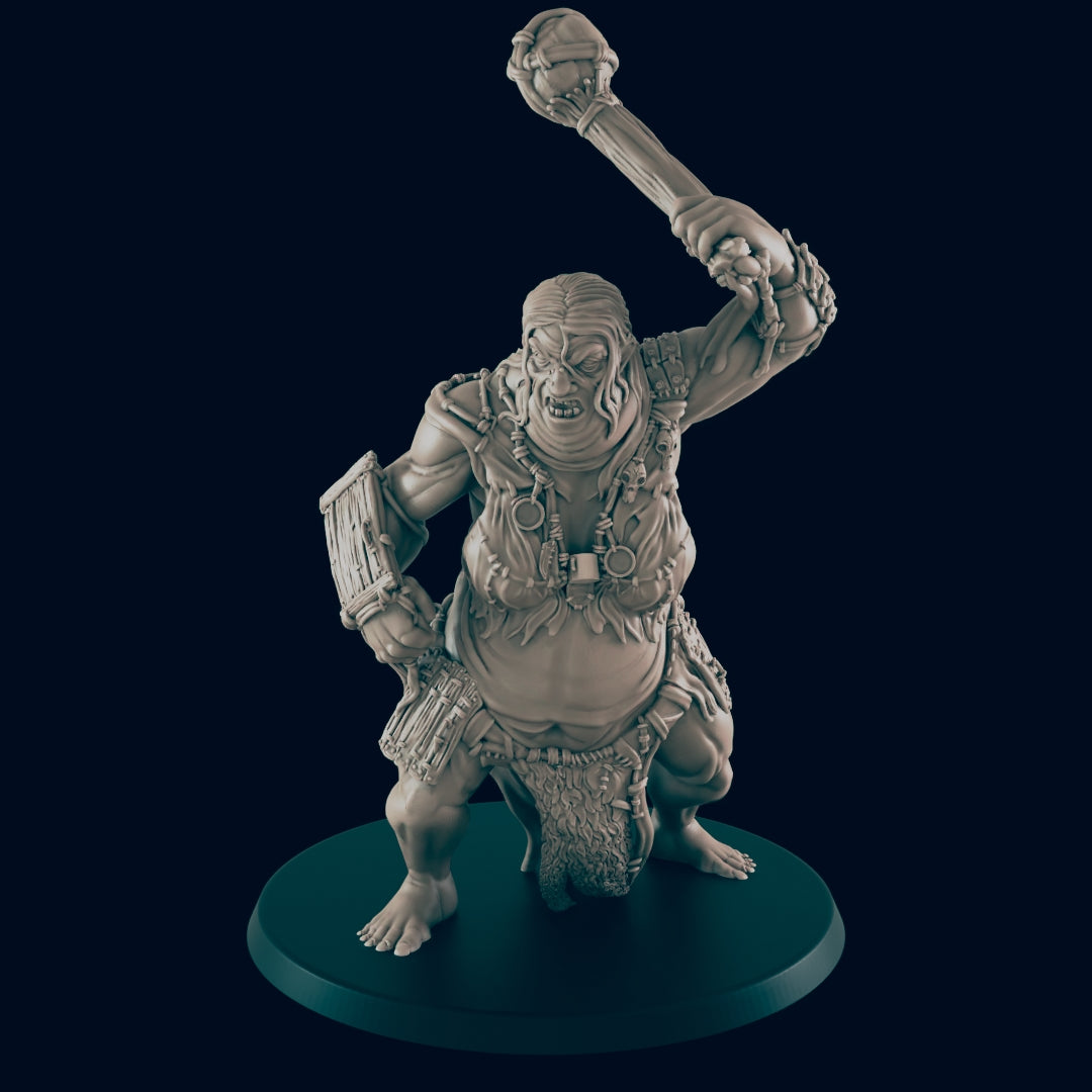 An orc figurine raises a club high, ready to strike. It has tribal clothing and stands barefoot on a circular, dark-colored base.