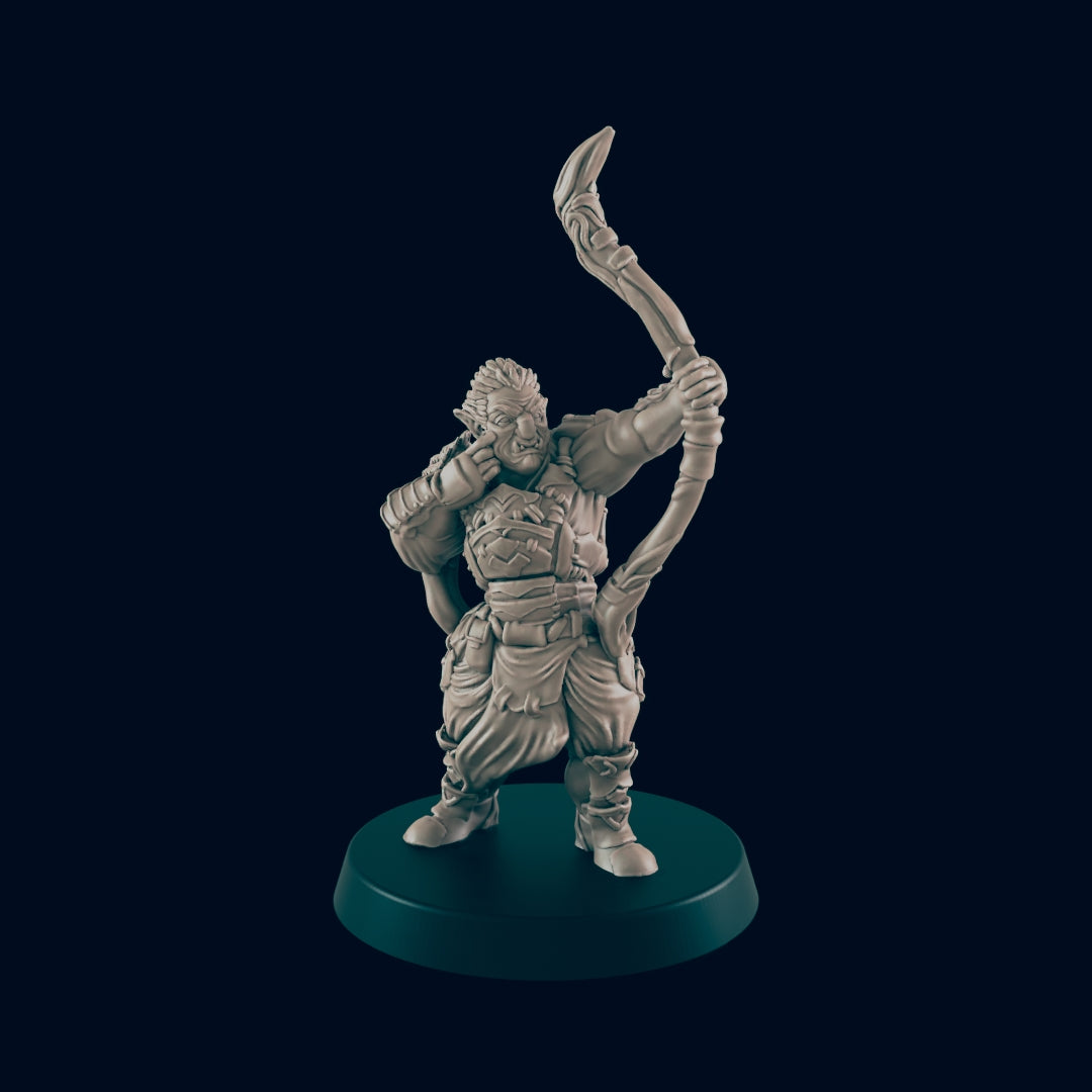 Orc warrior, standing on a circular base, is pulling back the string of a bow and arrow, ready to fire. The surrounding environment is a dark background.