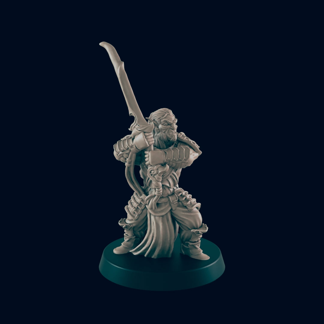 A miniature figure wields a curved sword above its head, posed on a dark green base. The figure has a beard and is wearing elaborate armor in a dark, undefined space.