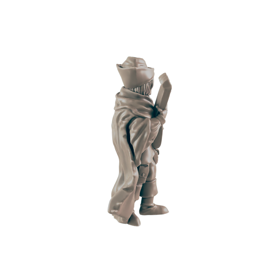 A miniature figure, cloaked and hatted, stands holding a long, thin object; it is viewed from behind against a black background.