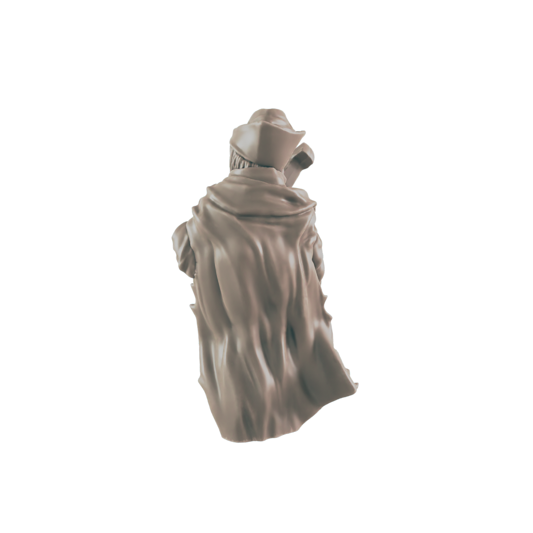 A miniature figurine, appearing to be a person in a long coat and hat, stands facing away. The figurine is light brown, unpainted. The context is a plain, dark background.