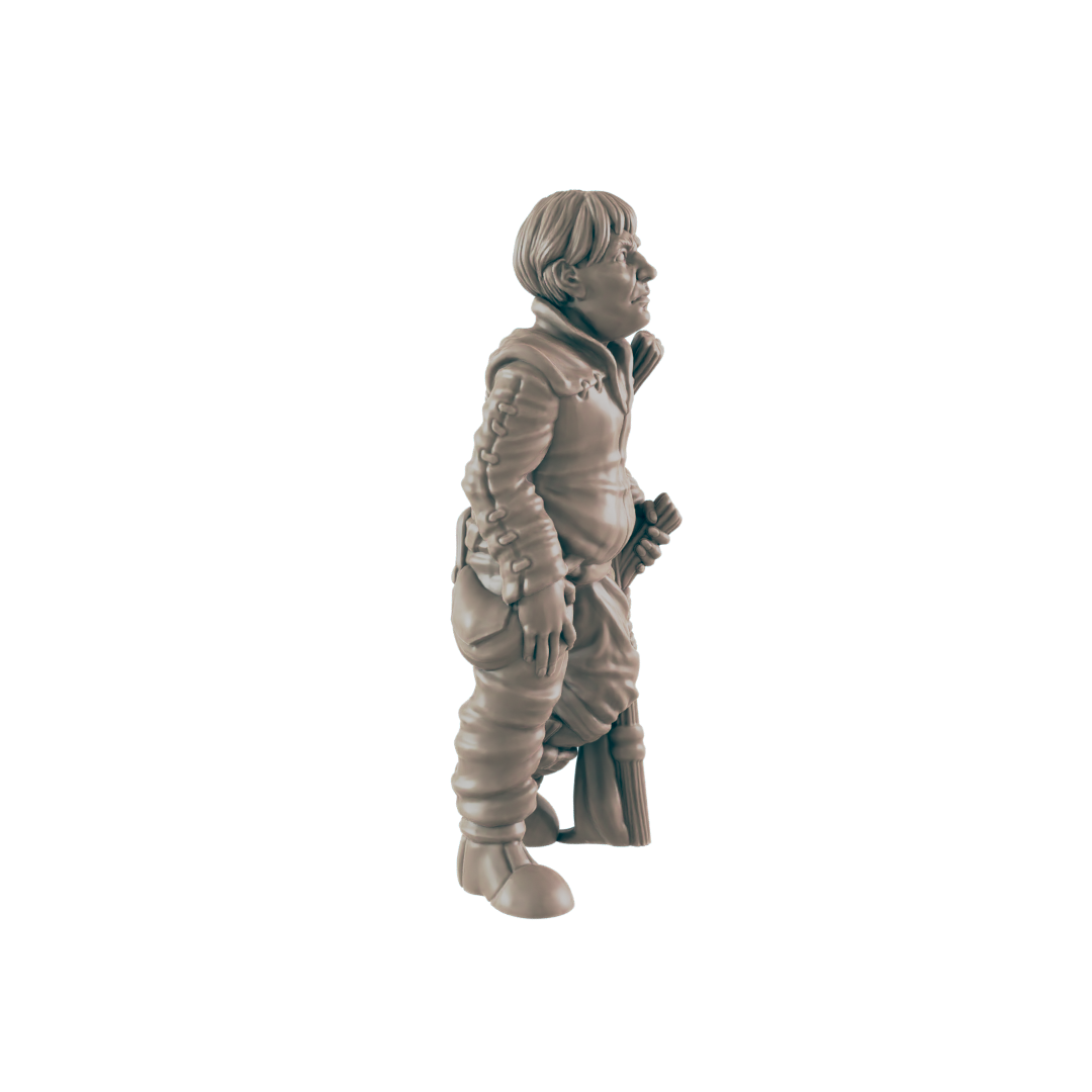 A miniature figurine of a stout, short person stands, holding a staff or broom, against a dark background.