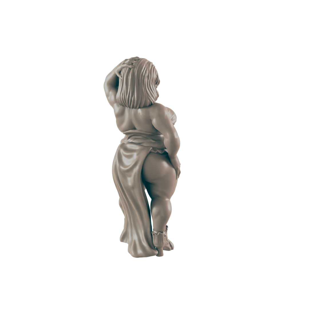 A light-brown figurine of a plus-size woman, posing, wearing a flowing drape, stands against a dark background.
