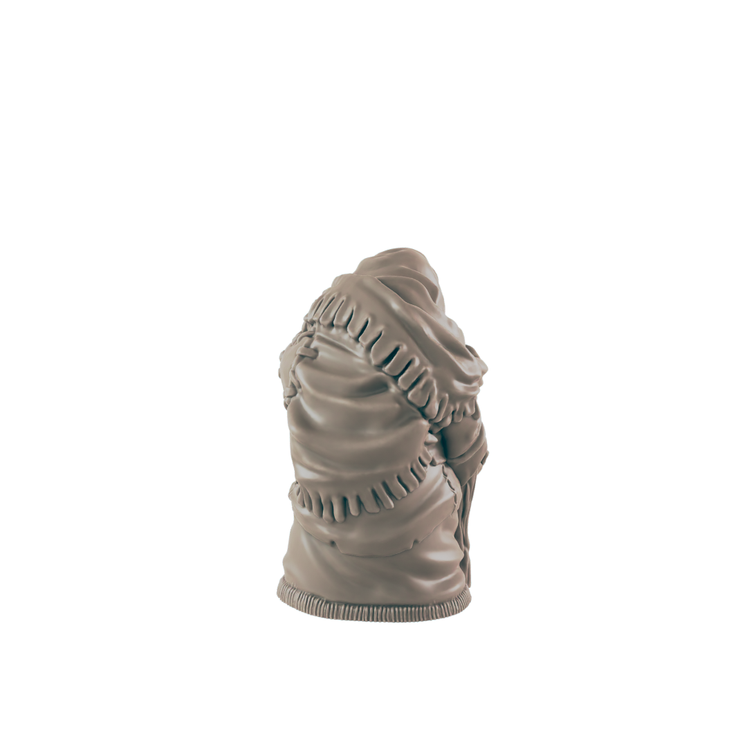 A sculpted figurine, seemingly depicting a cloaked figure, stands alone against a black background.