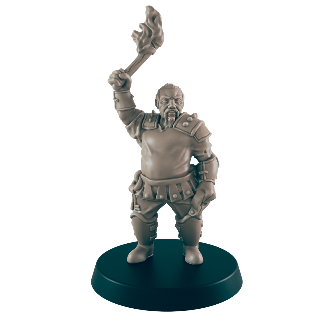 A miniature figurine of a stout, armored man holds aloft a flaming torch. He stands on a dark circular base.