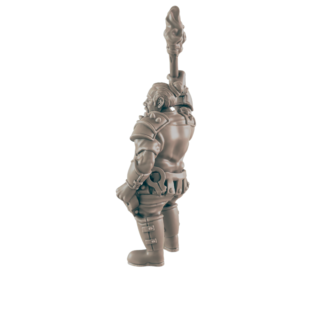 A miniature ogre figure, holding a torch aloft, stands against a dark background.