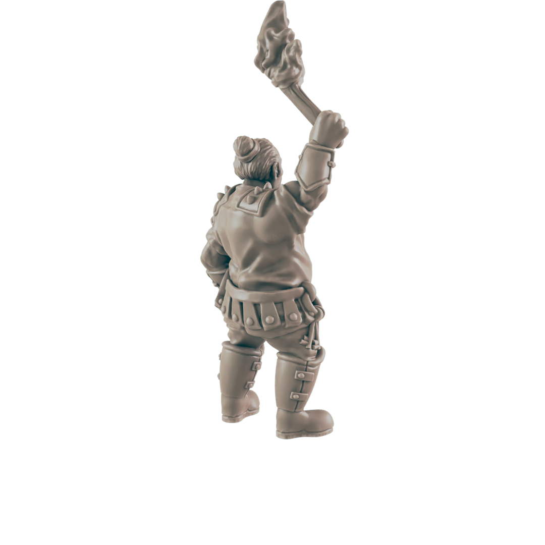 A miniature figurine of a stout, armored figure holds a flaming torch aloft, standing against a dark background.