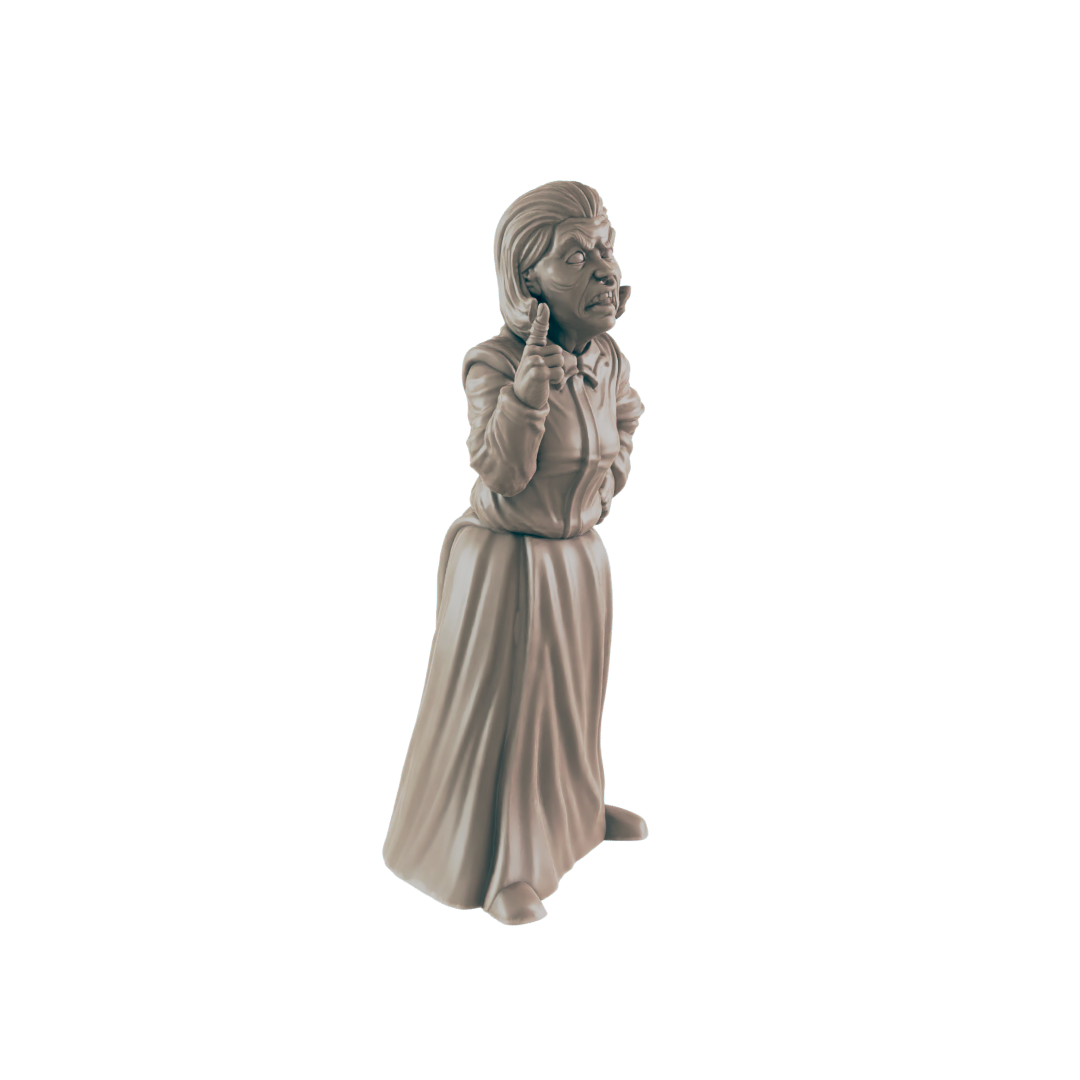 A sculpted figurine of an elderly woman, standing with a finger pointed, is presented against a black background.