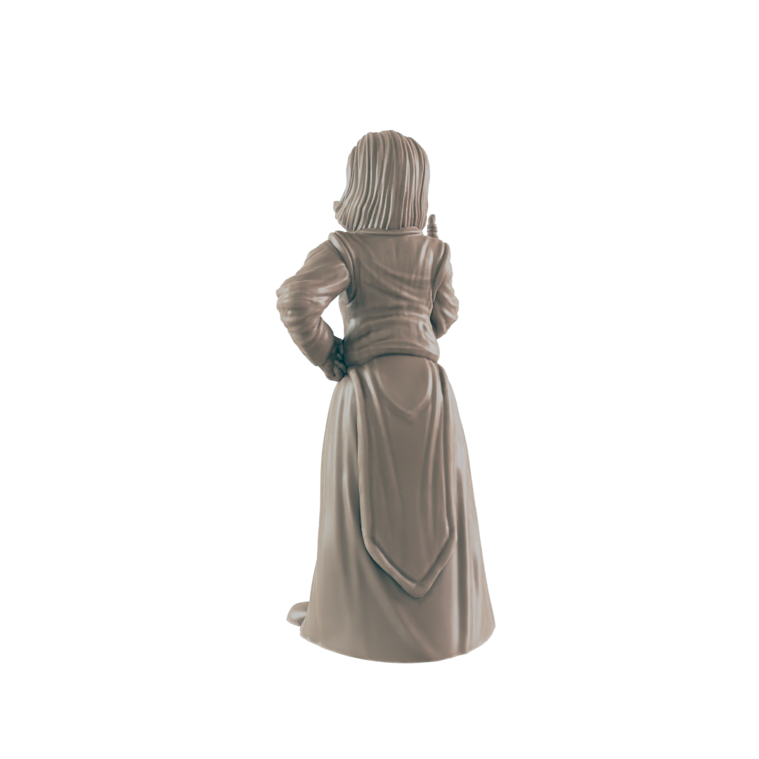 A miniature figurine, appearing female, stands with hands on hips, against a dark background. The figure wears a long dress and jacket.