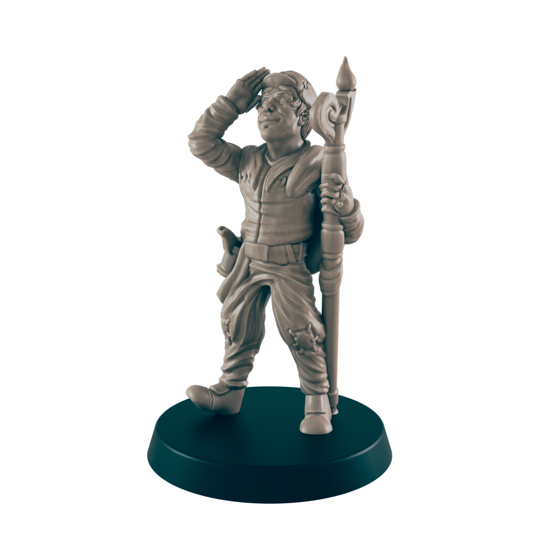 A miniature figurine of a stout, uniformed man is shielding his eyes, appearing to search for something while holding a staff. It stands on a dark circular base.