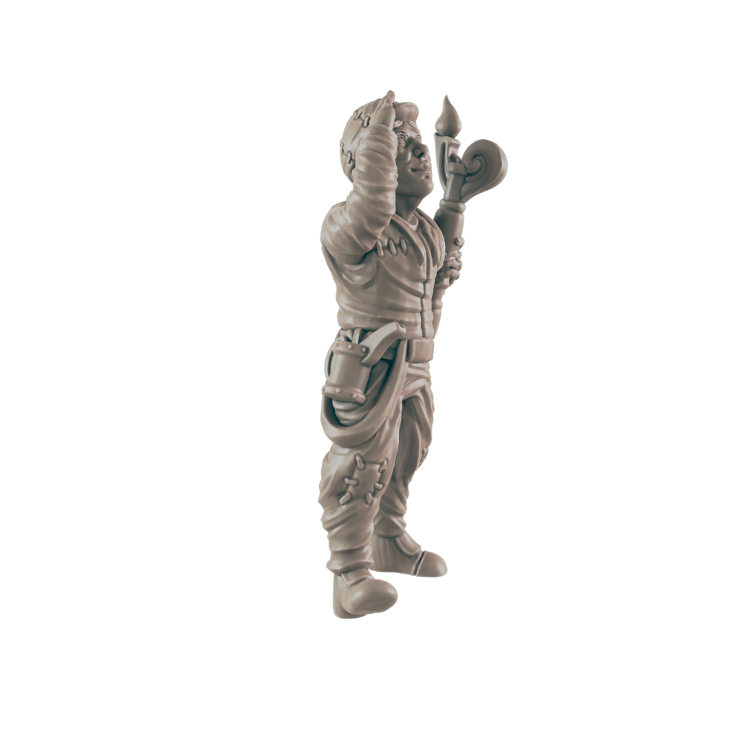 A miniature figurine of a stout, possibly dwarven, figure stands, holding a staff aloft. It's wearing patched clothing and boots, against a plain background.