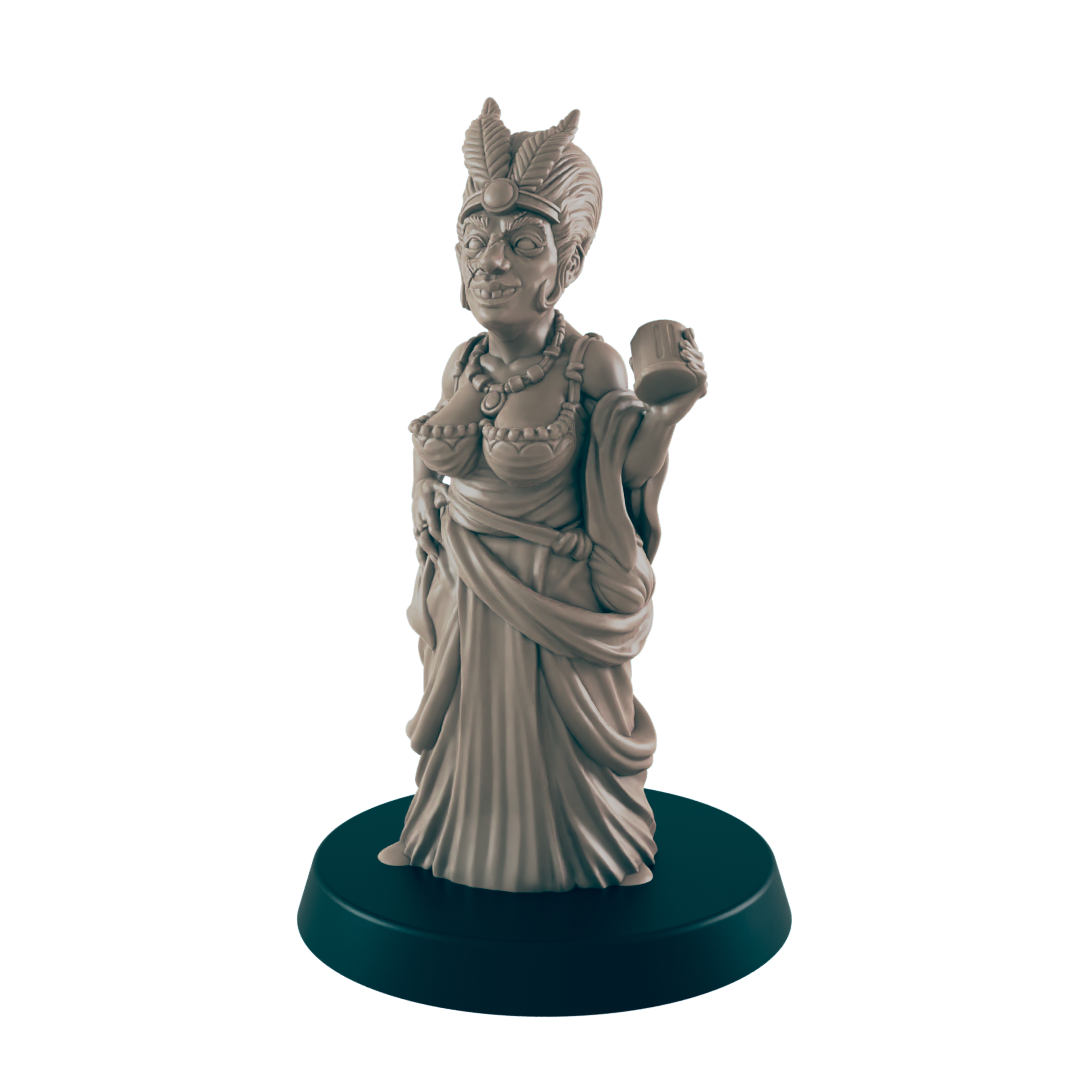 A sculpted female figure, holding a cup, stands on a dark circular base. She wears a flowing robe and head adornment.