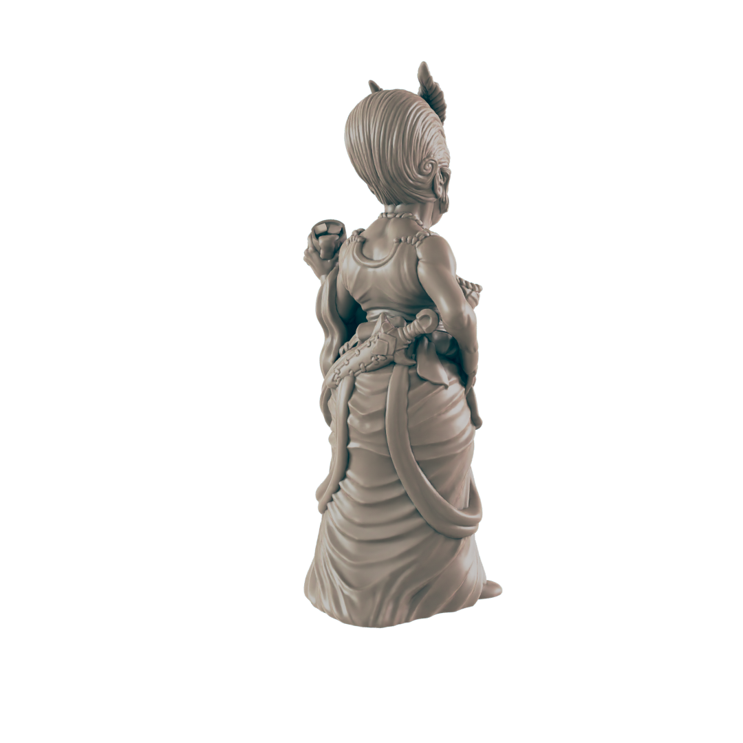 A sculpted female figurine, standing with a back-facing pose against a dark background, wears an elaborate gown and carries a dagger.