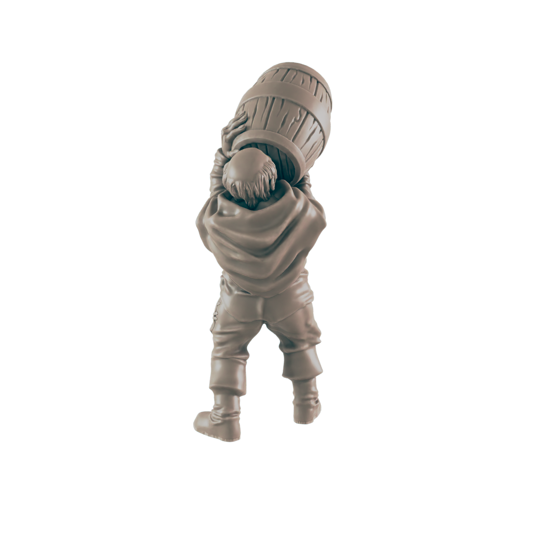 A miniature figure of a person lifts a barrel overhead against a dark background.
