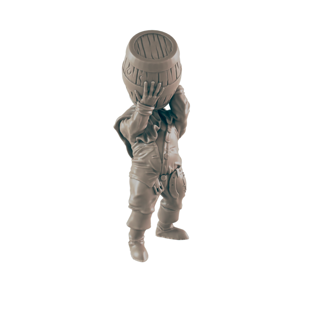 A small figurine of a stout man lifts a barrel overhead against a dark background.