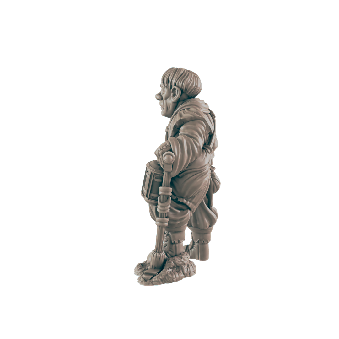 A small, stout figurine of a dwarf holds a drum, standing on a textured base against a dark background.