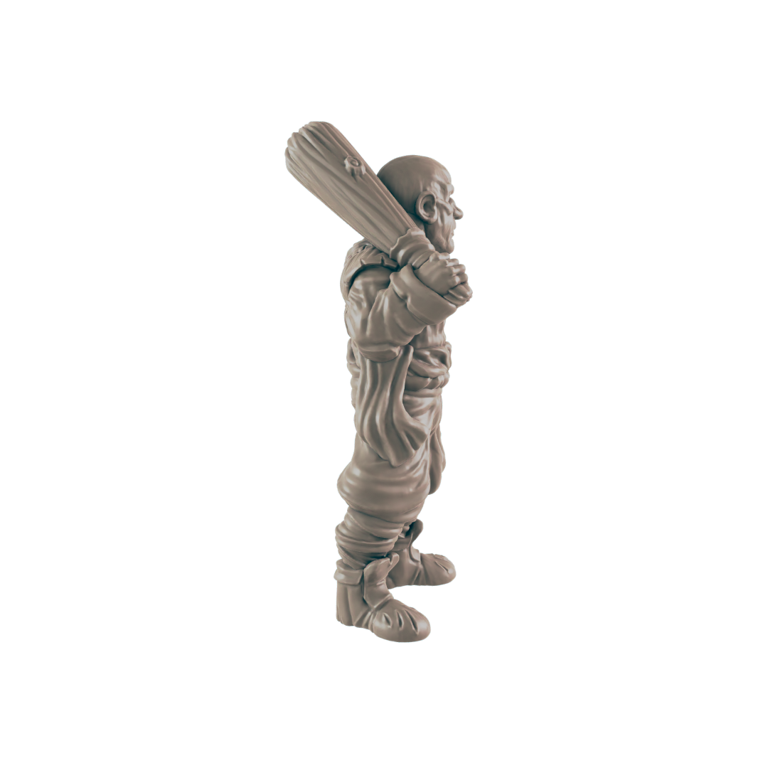 A miniature figure of a stout, robed humanoid holds a club across its shoulders; it stands against a dark background.