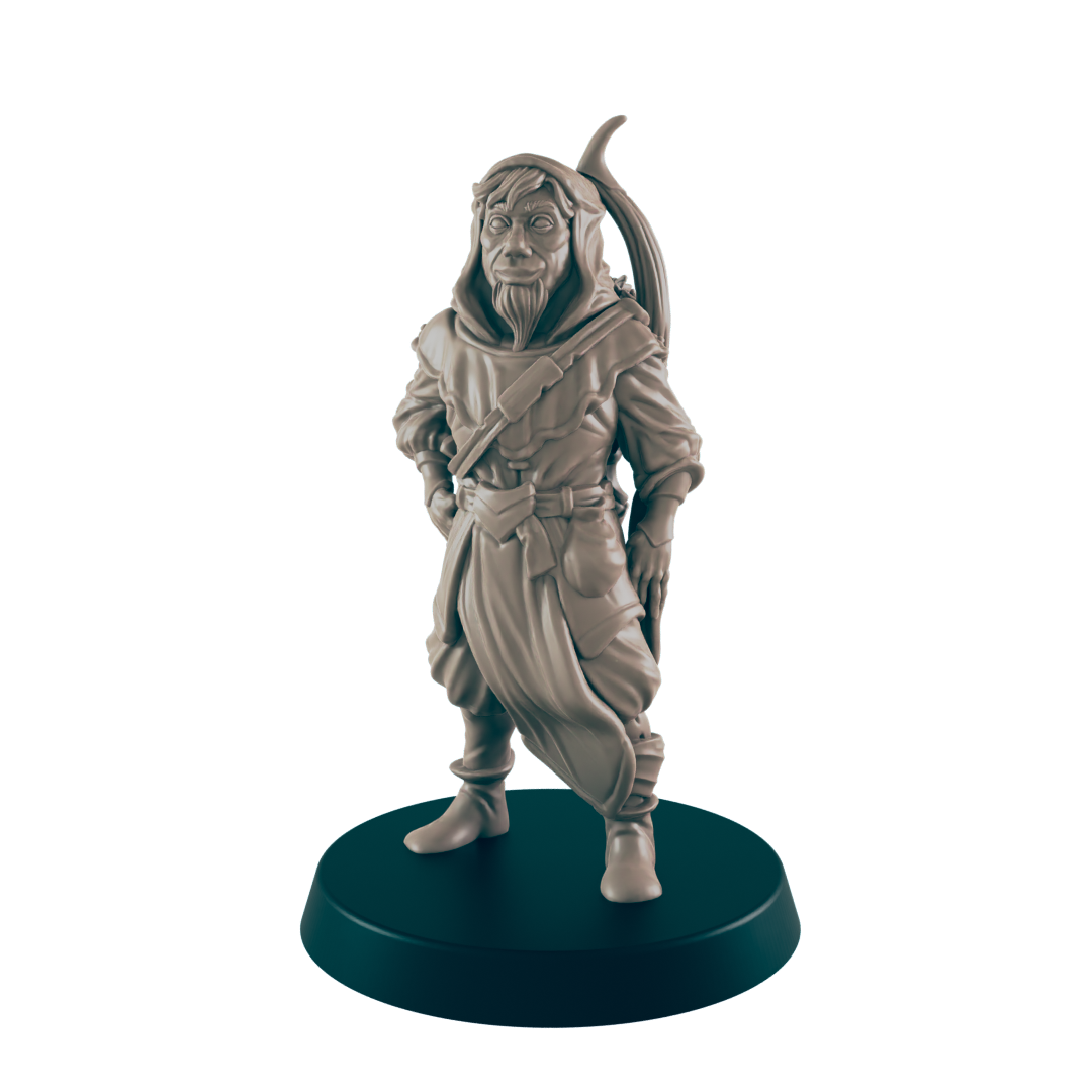 A miniature figurine of a hooded archer stands on a dark base. He is posed casually, hands at his sides. The archer wears a long robe and carries a bow.