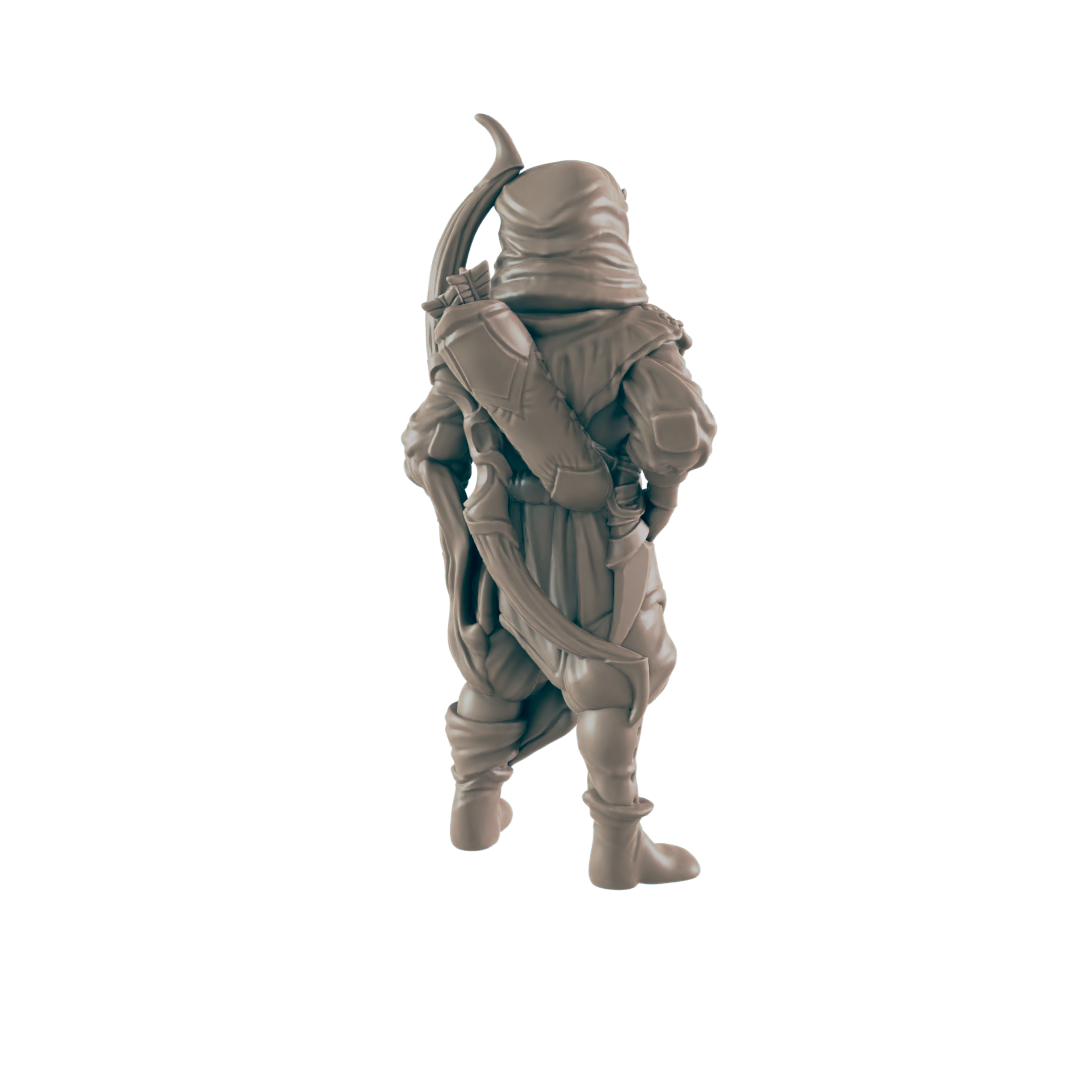 A miniature hooded figure, appearing to stand, is equipped with a bow and quiver. It is presented against a black background.