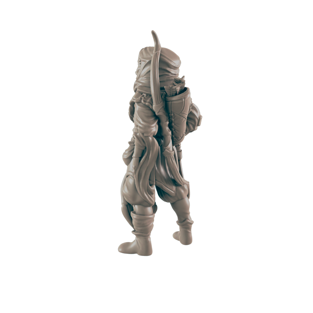 A miniature figurine of a hooded archer stands, quiver on back, against a dark background.