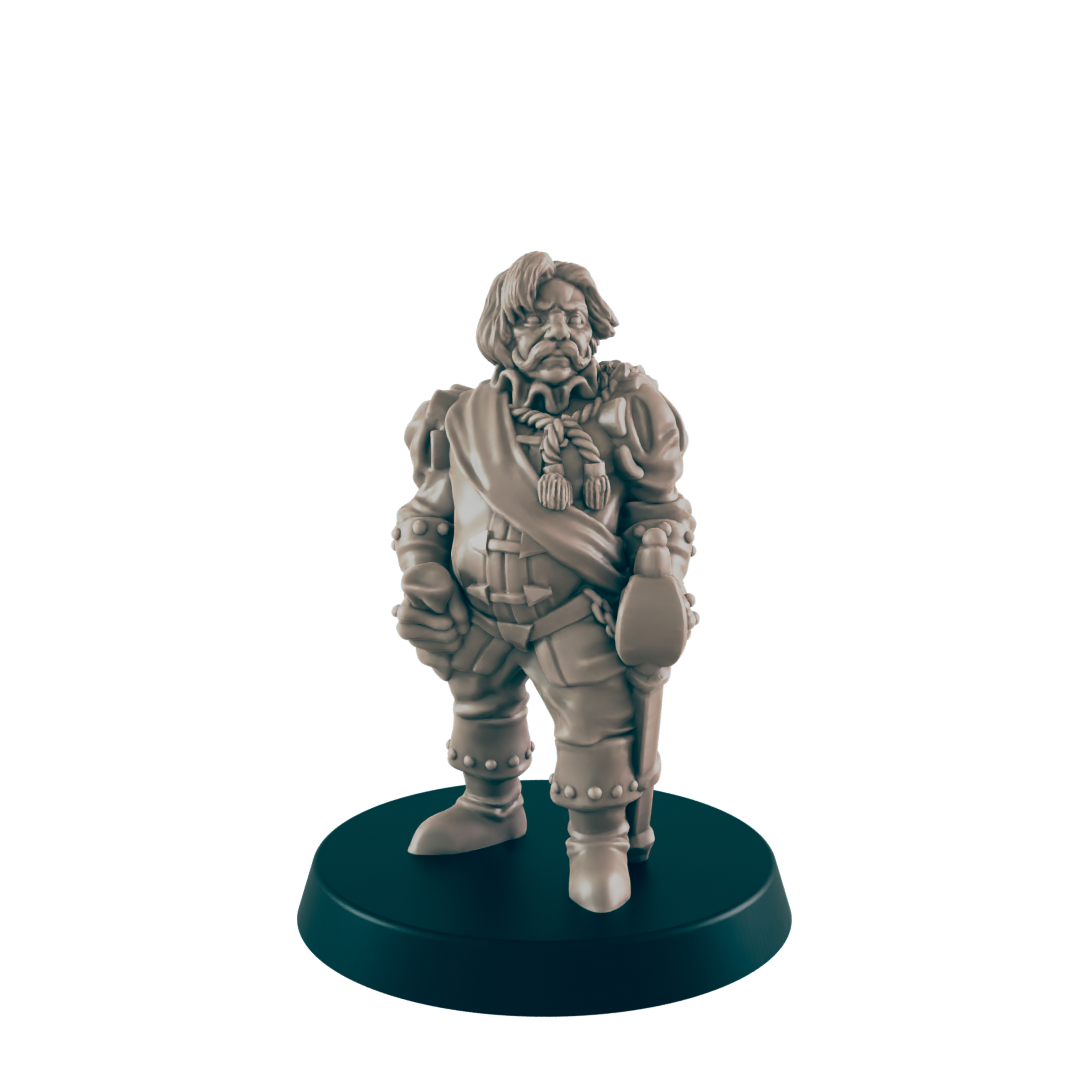A miniature figurine of a stout man stands; he is dressed in 17th-century attire and holds objects in both hands, on a dark circular base.