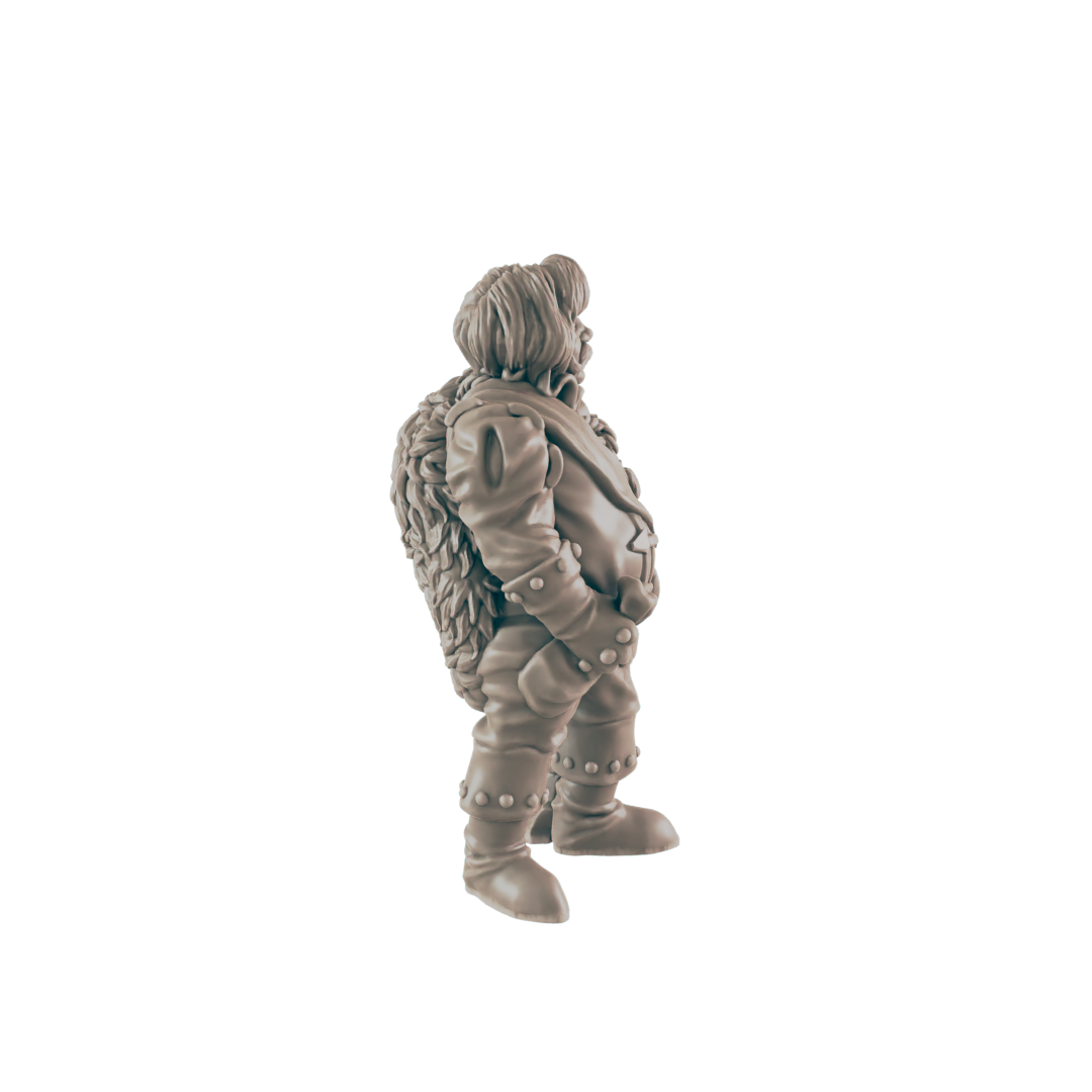 A miniature figurine of a stout, fur-clad figure stands against a black background. The figure is rendered in a light grey/beige color, appearing to be made of resin or plastic.