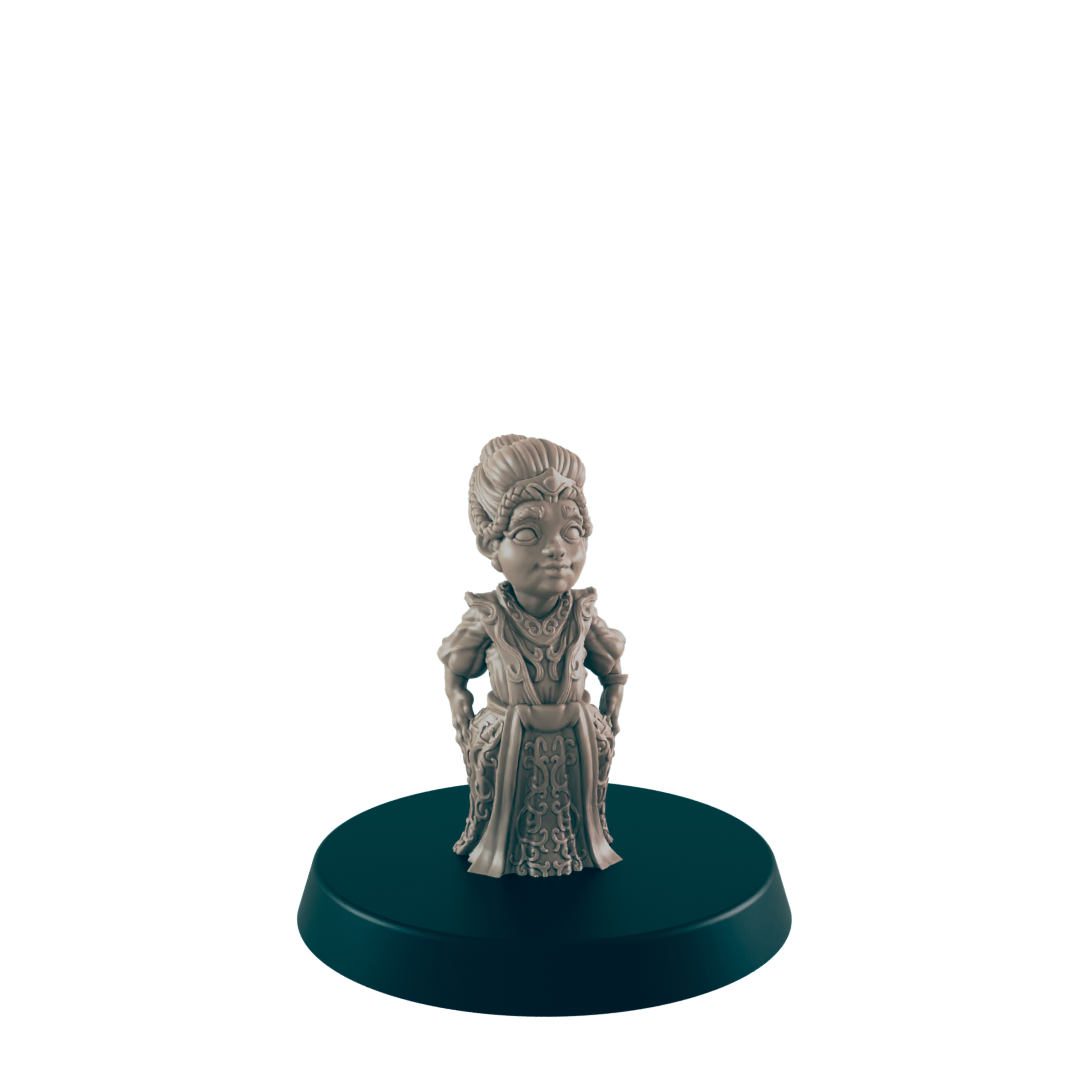 A miniature figurine of a woman, standing in an ornate gown, rests on a dark circular base against a dark background.
