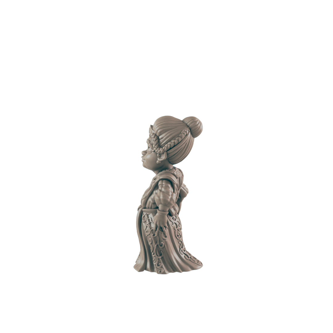A gray figurine of a woman, stands, facing right, wearing an ornate gown, against a black background.