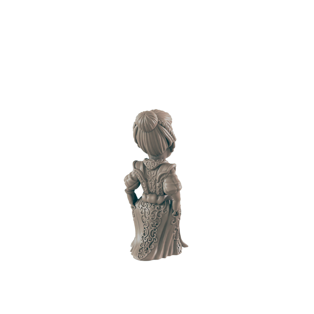 A miniature figurine of a woman, stands facing away, wearing an ornate gown; it is displayed against a black background.