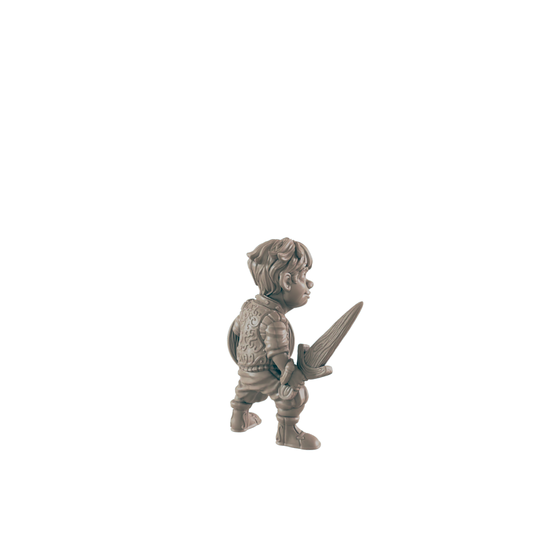 A miniature figurine of a young knight, holding a sword and shield, stands on a dark background.