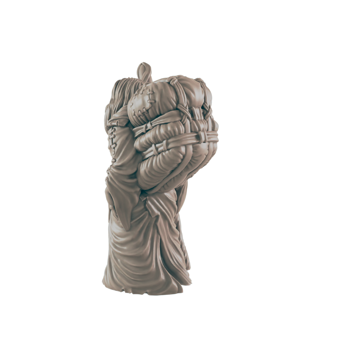 A sculpted figure, appearing to be a person, carries bundled sacks on its back. The figure is shown from behind, against a black background.