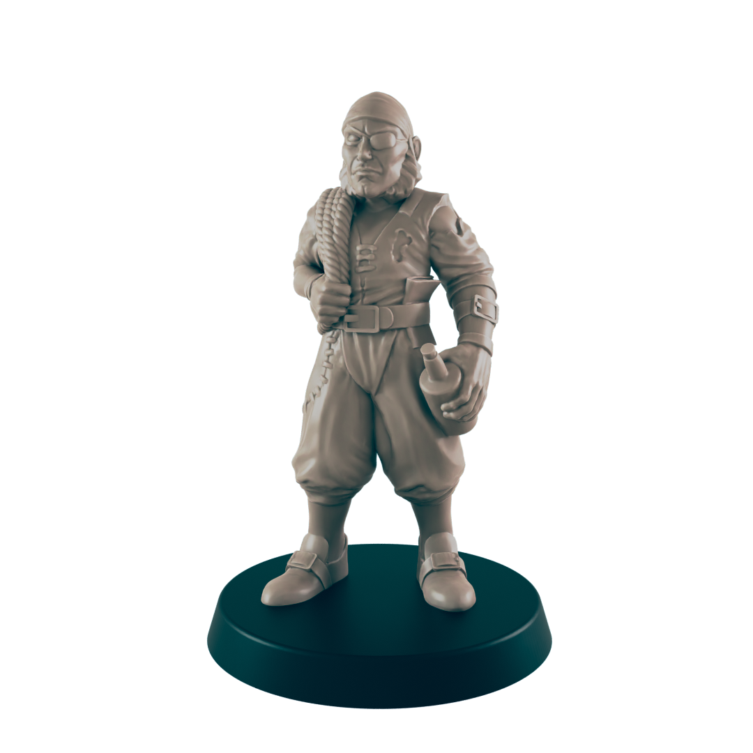 A pirate miniature stands posed, holding a bottle and rope, on a round black base, against a black background.