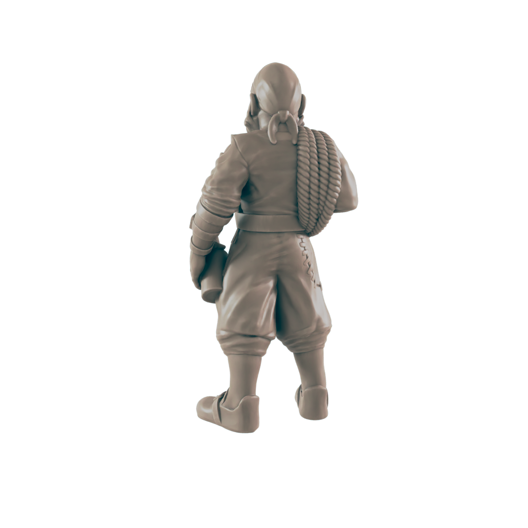 A light-gray, unpainted miniature of a pirate stands with their back to the viewer. A rope is slung around their shoulder, and they are on a black backdrop.
