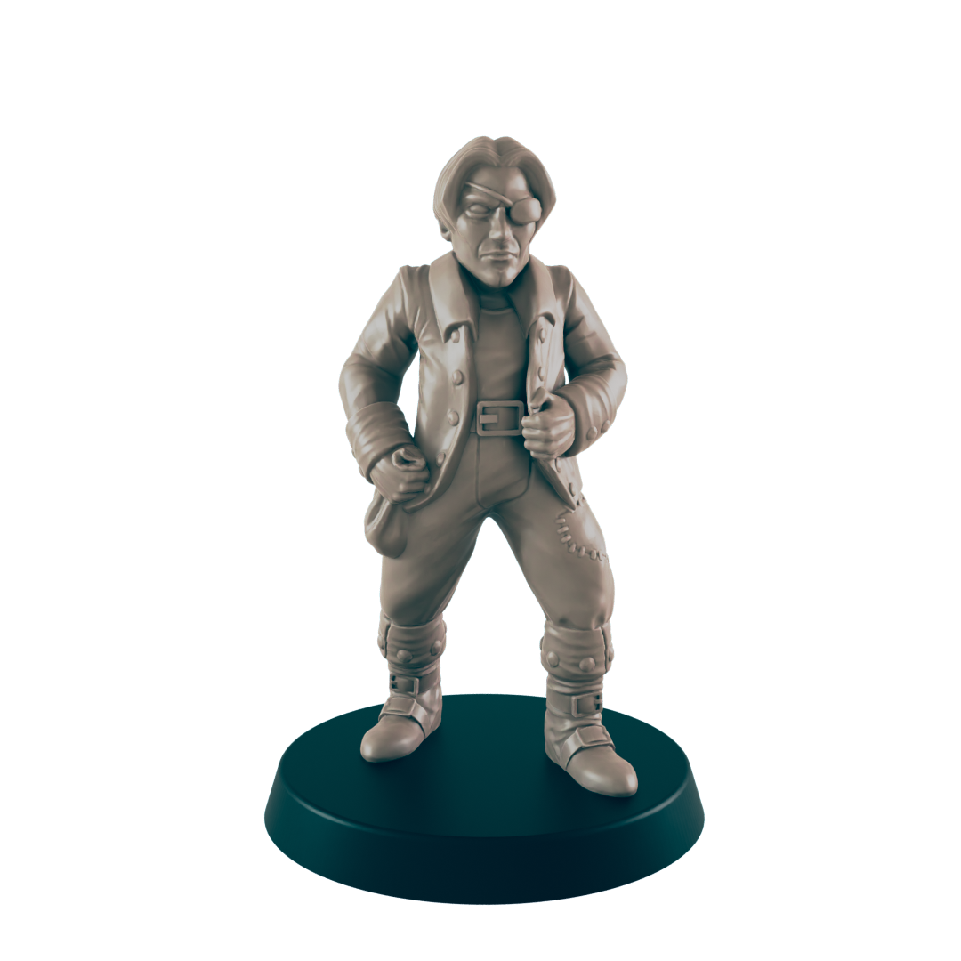 A miniature figure stands on a black base, posed in a nonchalant manner. The figure wears a coat, buckled boots, and an eye patch.