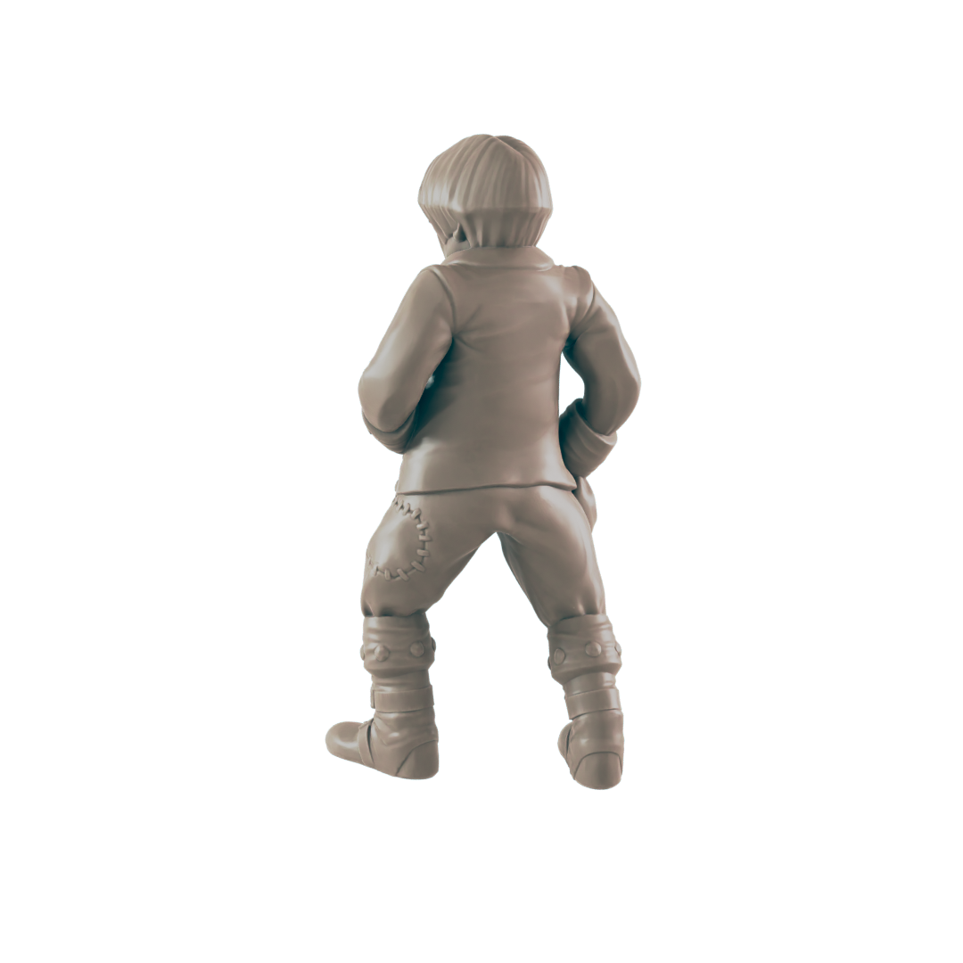 The figure of a person stands in a neutral pose, facing away from the viewer. They are wearing a jacket and pants with visible patches. The background is solid black.