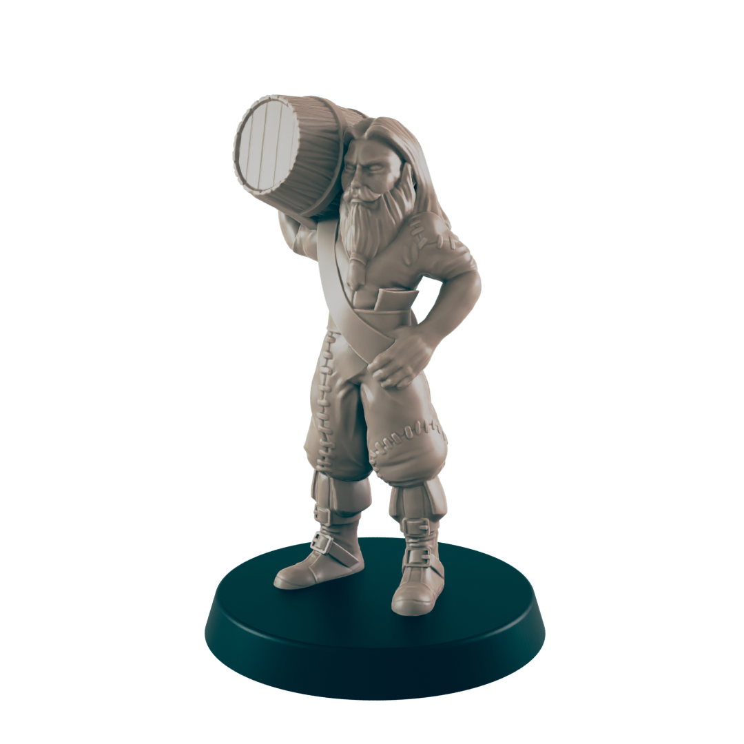 A miniature dwarf figure carries a barrel on his shoulder while standing on a dark-colored base against a black backdrop.