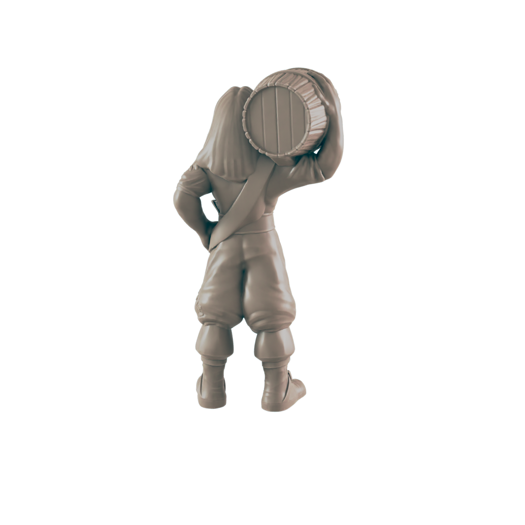 A miniature, humanoid figure hoists a barrel. The figure, seen from behind, is dressed in pirate-like clothing on a black background.