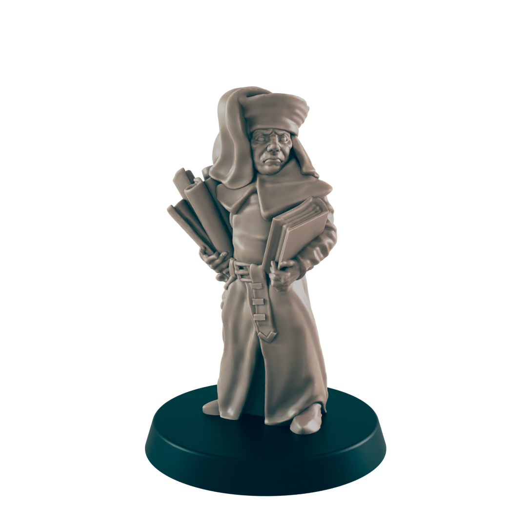 A miniature scholar figure stands on a dark circular base, holding scrolls and books. He wears a long robe and hooded headdress.