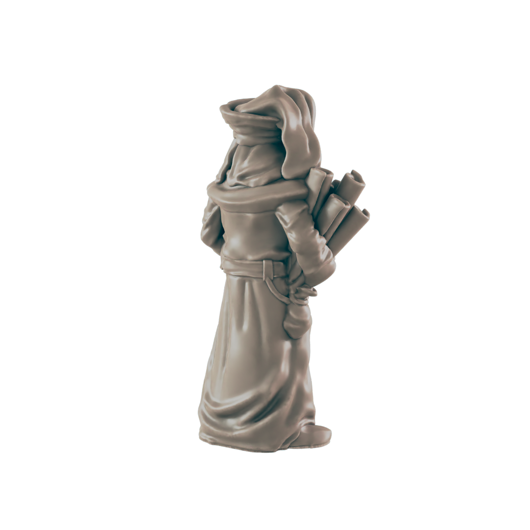 A miniature figure, possibly a scribe, stands carrying scrolls. It is facing away, wearing a long robe and hood. The setting is undefined.