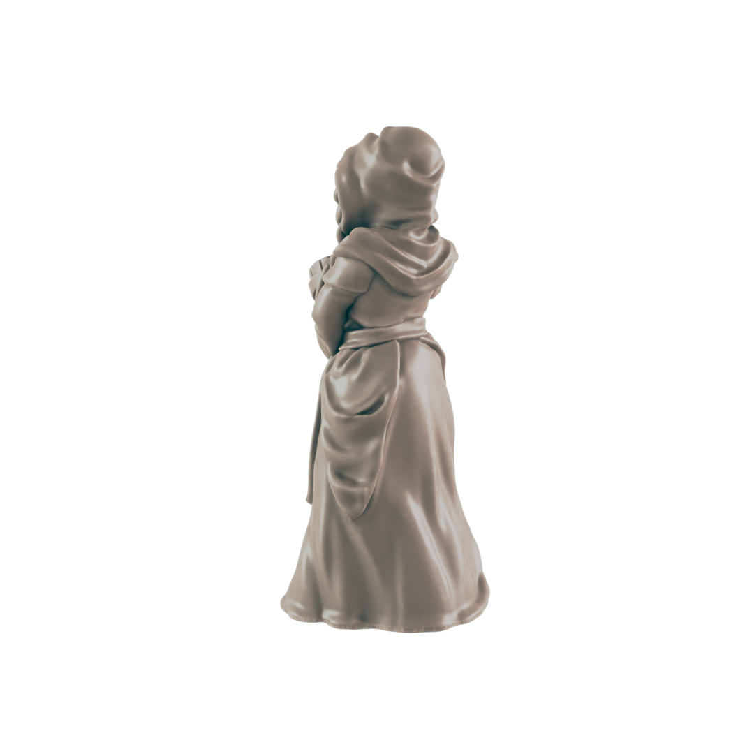 A miniature figurine of a woman, appearing to hold something, stands against a black background. She wears a long robe and hooded cloak.