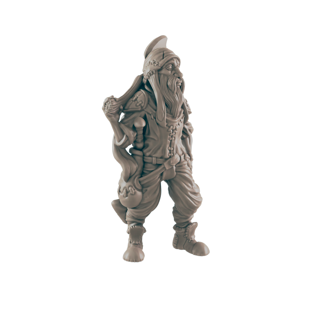 A miniature figure of a bearded dwarf stands, holding a weapon and a flask. He wears a tunic, pants, boots, and a helmet. The context is an isolated, dark background.