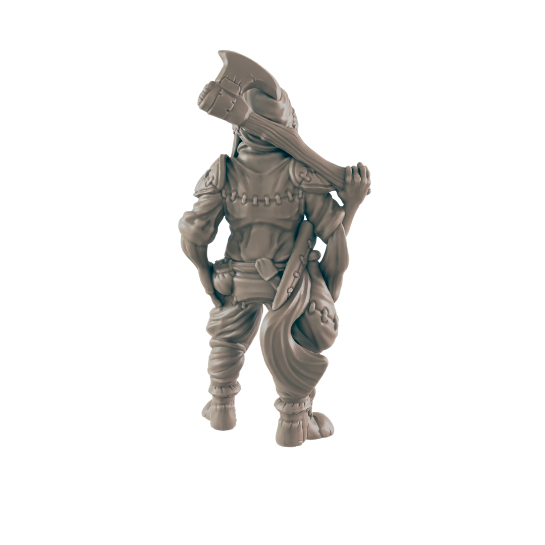 A miniature humanoid figure, carrying a large axe over its shoulder, stands against a dark background.