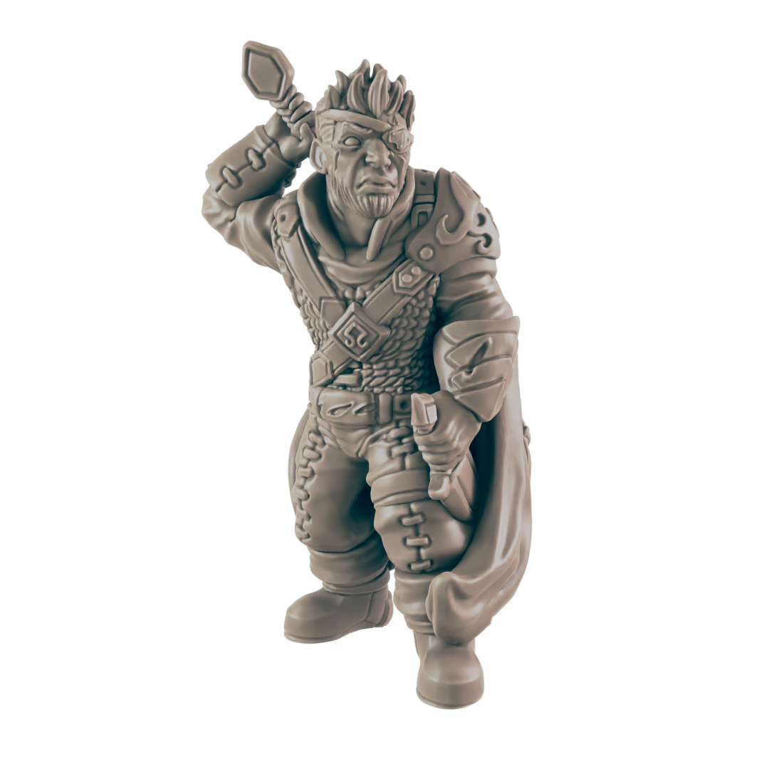 A monochromatic, humanoid miniature figure stands with one hand raised, holding a spear. The figure wears fantasy-style garb, including armor and a cape.