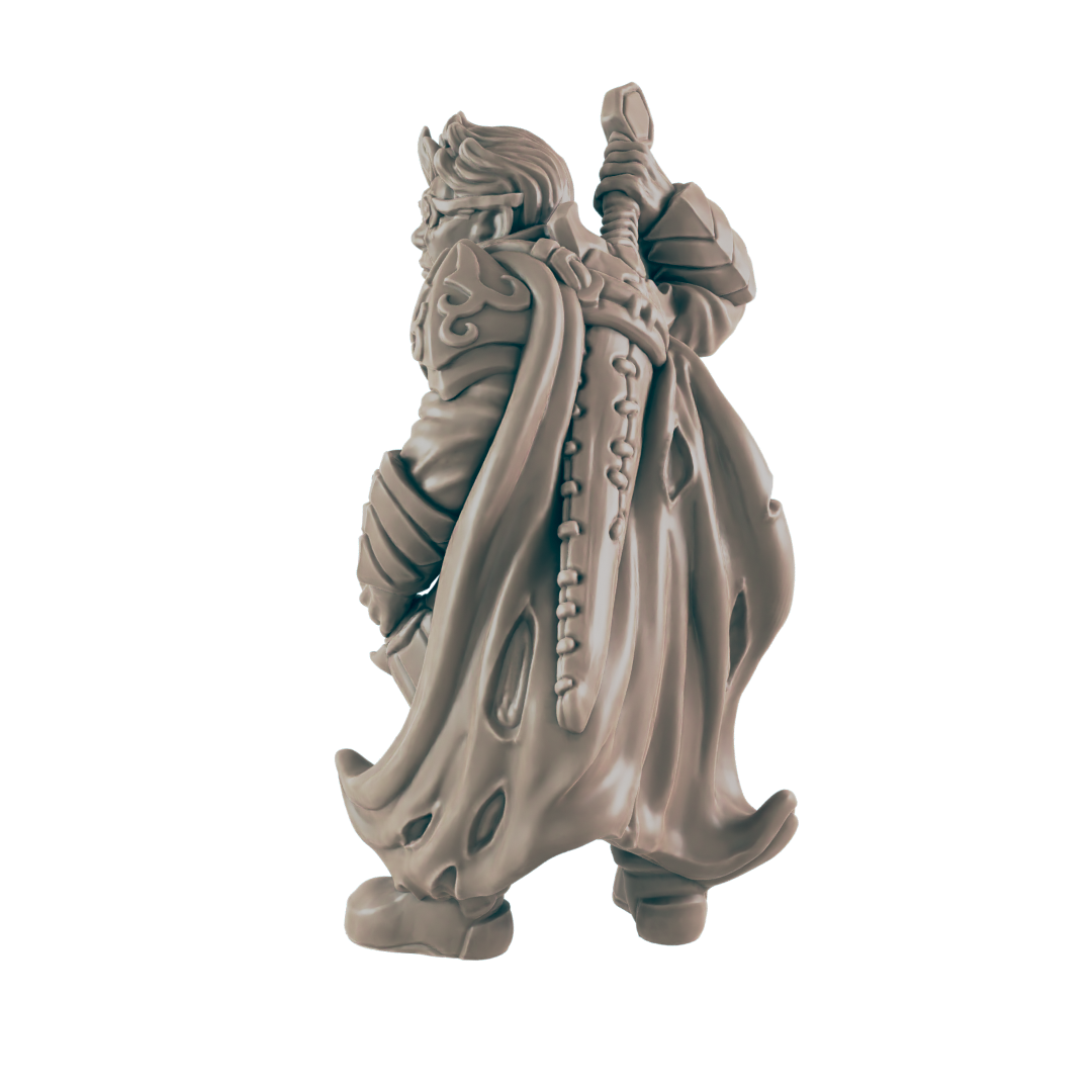 A cloaked dwarf figure stands, his back towards the viewer, gripping a staff or sword in his raised hand. He is on a solid black background.