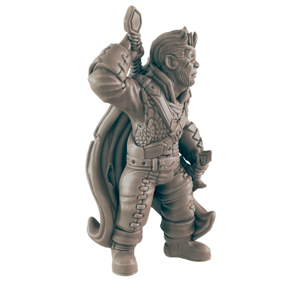 A miniature dwarf figure, wielding a hammer, stands in a three-quarter view. He wears chainmail and a cloak.
