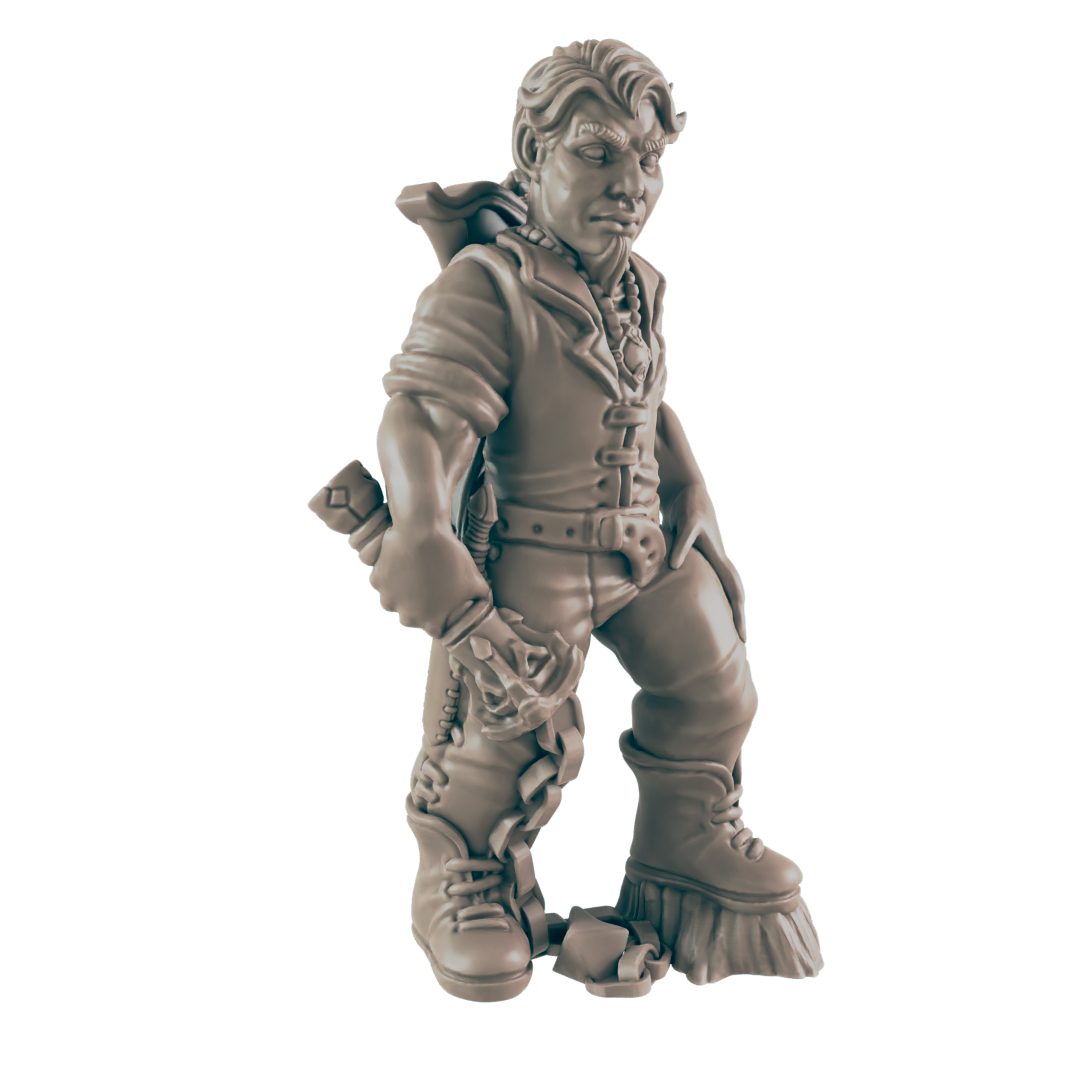 A sculpted dwarf, clothed in rugged attire and wearing laced boots, stands in a neutral pose. The background is a solid black.